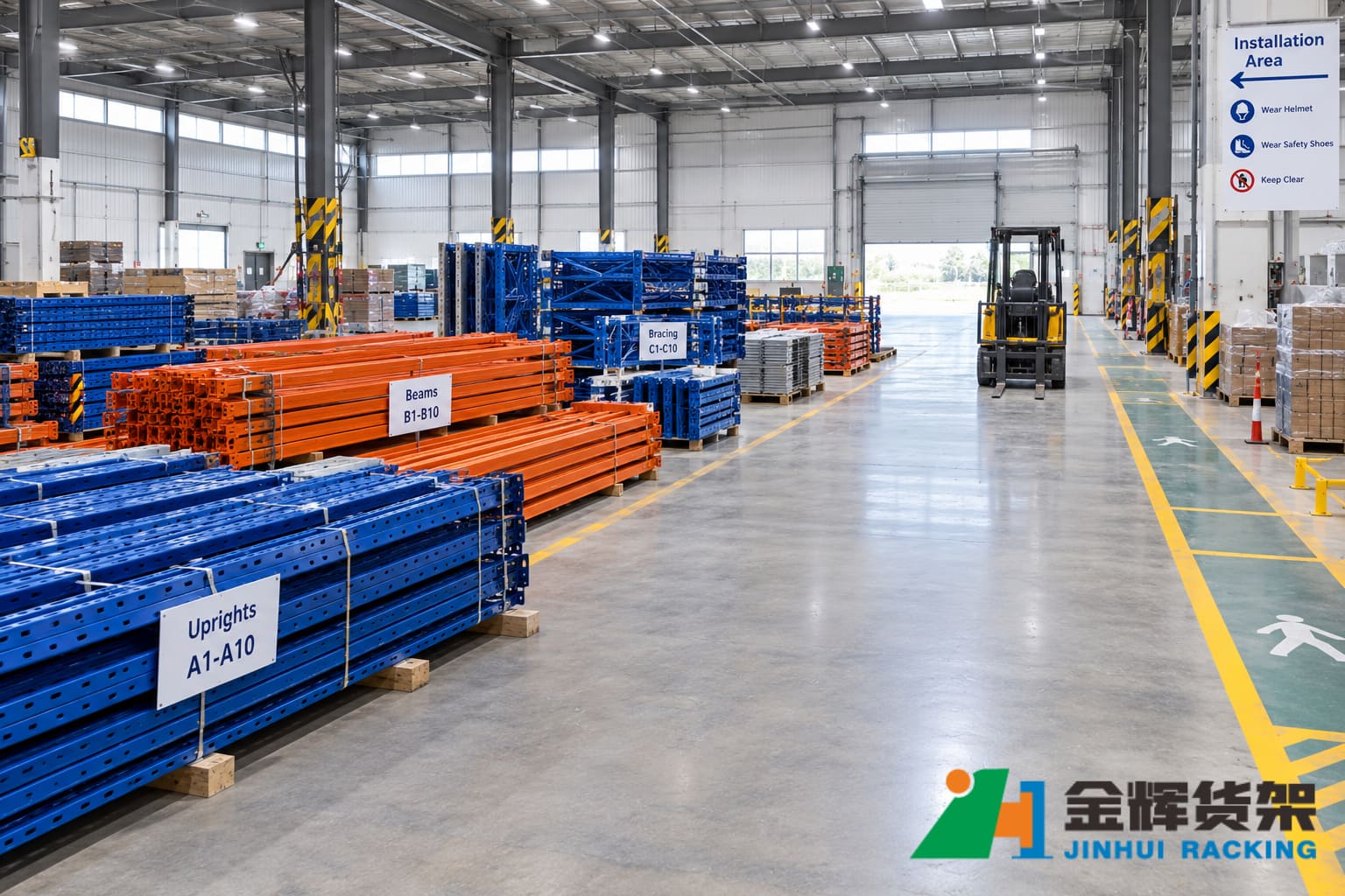 Warehouse prepared for pallet rack installation with organized rack components clear work zones and accessible forklift routes Warehouse prepared for pallet rack installation with organized rack components clear work zones and accessible forklift routes